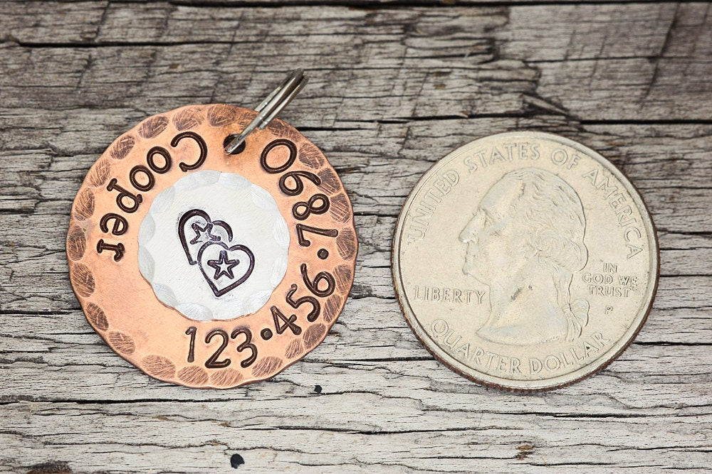 Custom Pet Tag - Hearts and Stars - 1" Copper Dog ID Tag - Hand Stamped Cat ID Tag
