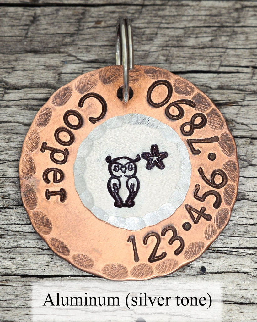 Stamped pet Tag - Owl and star - 1" Copper Dog ID Tag - Hand Stamped Cat ID Tag