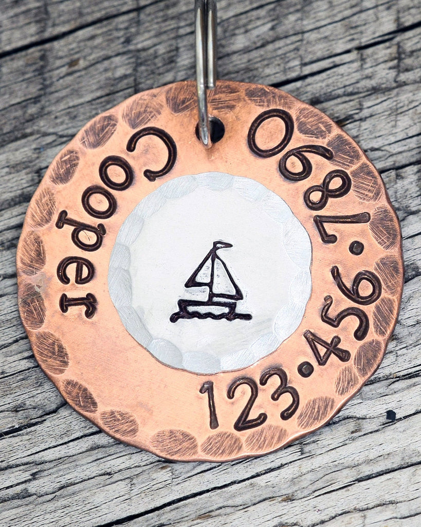 Custom Dog Tag - Nautical Sail Boat - 1" Copper Dog ID Tag - Hand Stamped Cat ID Tag