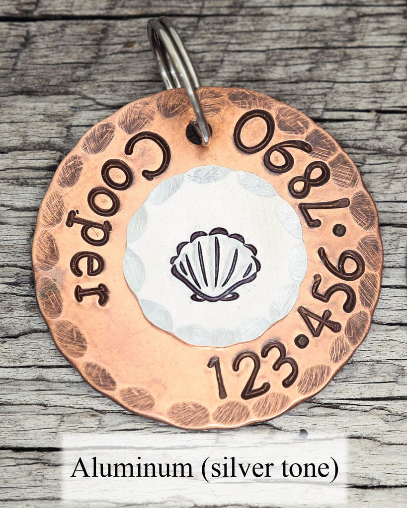 Stamped ID Tag - Nautical Sea Shell - 1" Copper Dog Id Tag - Hand Stamped Cat Id Tag
